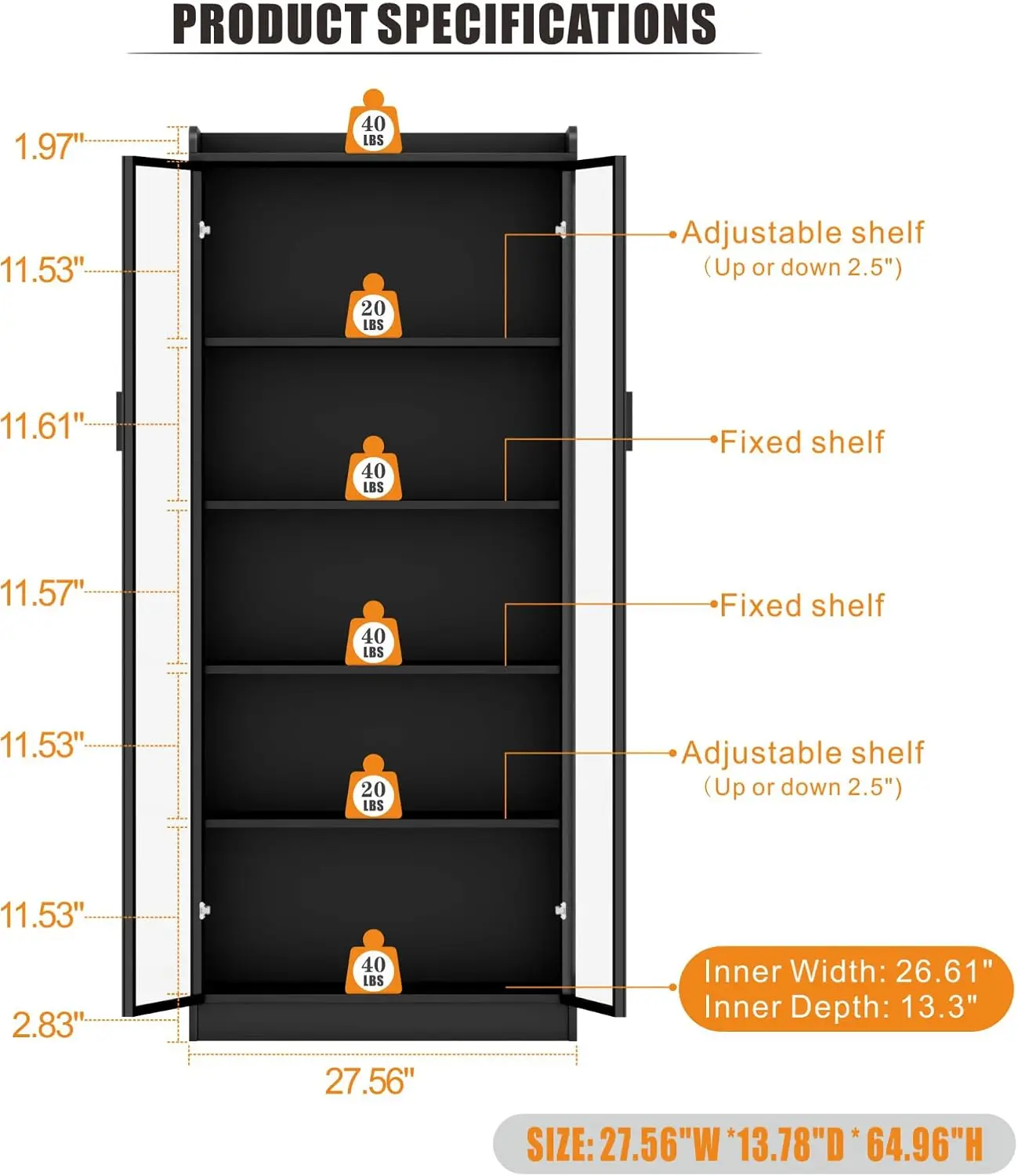 5-Tier Display Cabinet with Doors and Adjustable Shelves, Tall Storage Cabinet, Glass Curio Cabinet for Collectibles, Books
