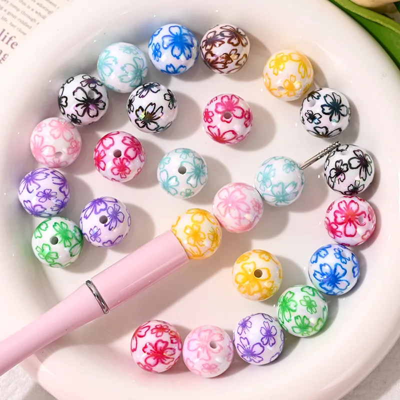 10PCS 16mm Mixed Style Acrylic Round Beads Flower Print Through Hole Beads For DIY Bracelet Necklace Jewelry Making