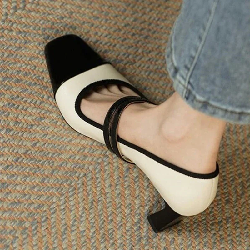 2023 Spring New High Heels Women Shoes Designer Square Toe Chunky Sandals Sexy Party Shoes Retro Mary Janes Pumps Zapatillas