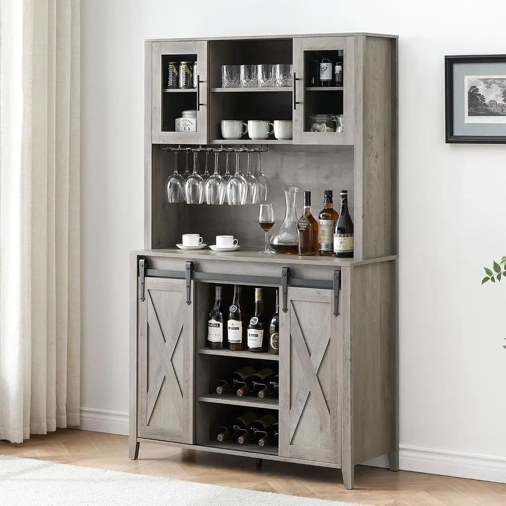 

Rustic 72 Coffee Bar Cabinet with LED Lights, Power Outlets, Sliding Door, Wine Rack, and Ample Storage for Kitchen