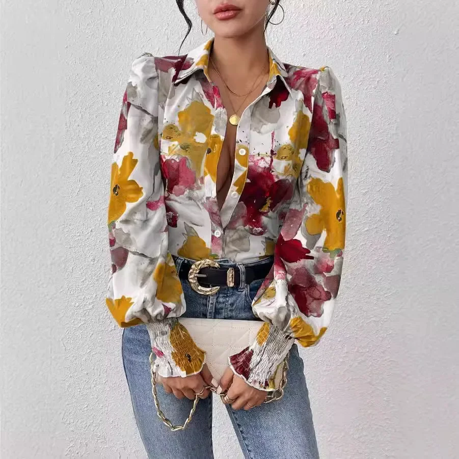 

Autumn Elegant Inked Flower Printed Loose Puff Sleeve Shirts for Women Fashion Casual Turn Down Collar Single Breasted Shirt