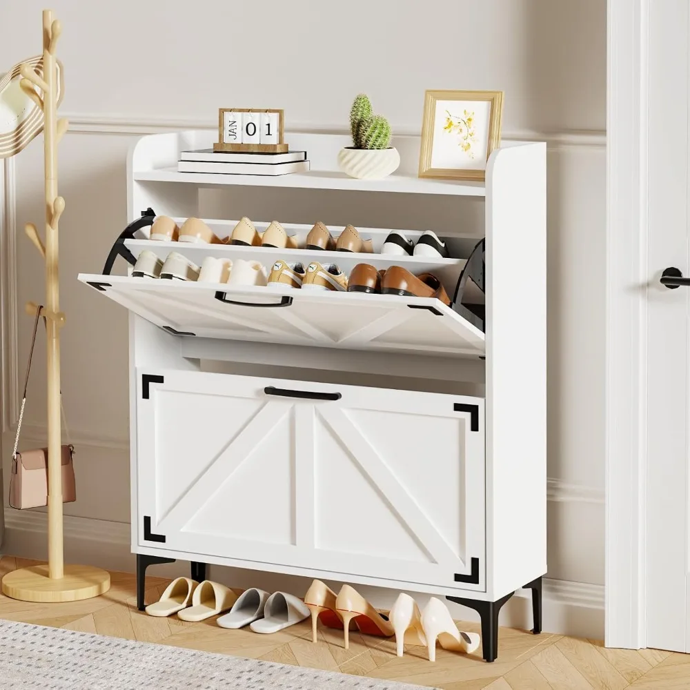 

Freestanding shoe cabinet with 2 flip drawers and 2 regular drawers, slim design for entryway, farmhouse style, with legs