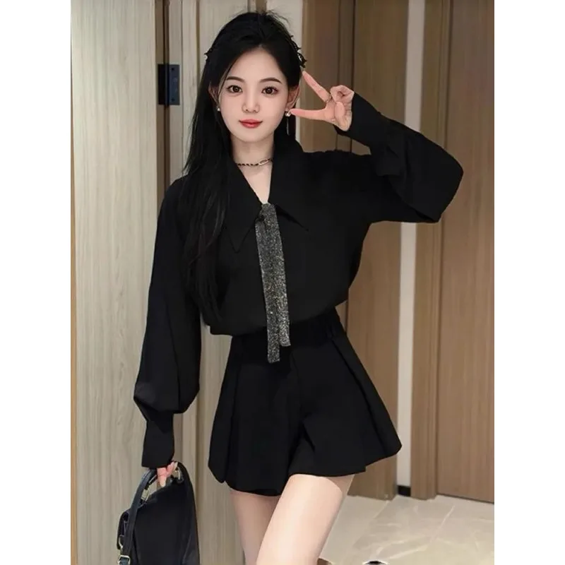

Women's Tie Neck Shirt and Skort 2Pcs Set Spring Korean Style Outfit