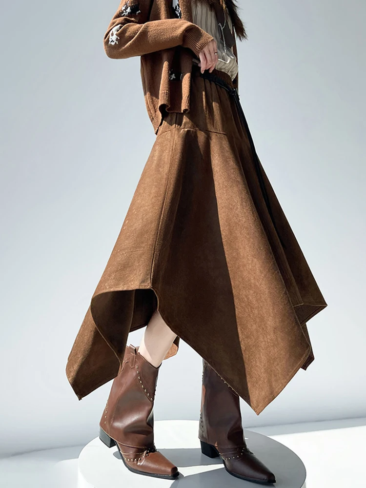 Jmprs Y2K Streetwear Long Skirt Women High Waist Vintage Belt Faux Suede Fabric Skirts American Hip Hop Loose Irregular Skirt