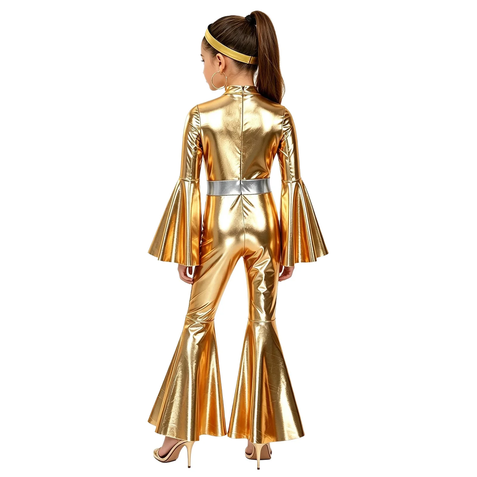 Girls Metallic Shiny 70s Disco Flared Jumpsuit with Headband Vintage Hippie Costume for Halloween Carnival Party Performance
