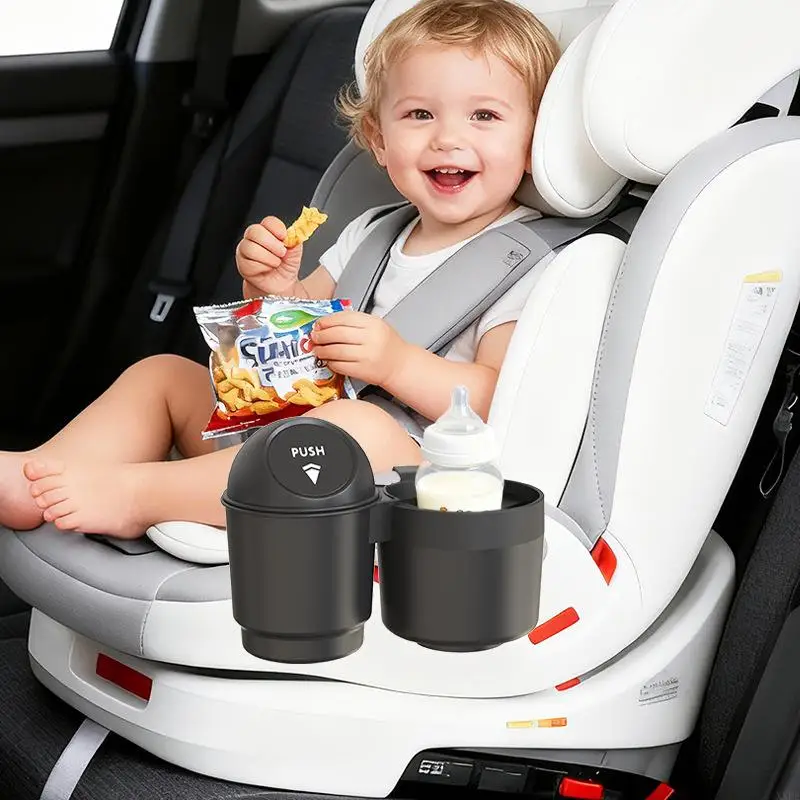 New 2-in-1 Baby Safety Car Cup Holder with Detachable Trash Can Portable Travel Child Bottle Snacks Holder with Lid