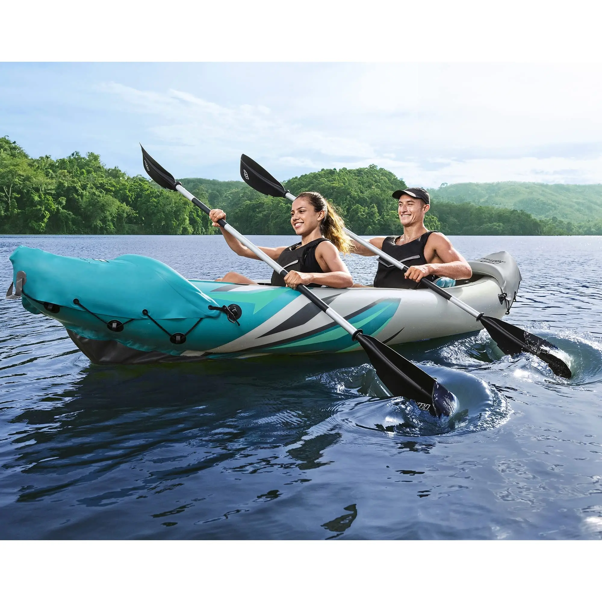 

2 Person Inflatable Vinyl Kayak Set | Includes Seat, Paddle Hand Pump Storage Carry Bag for Lakes and Rivers