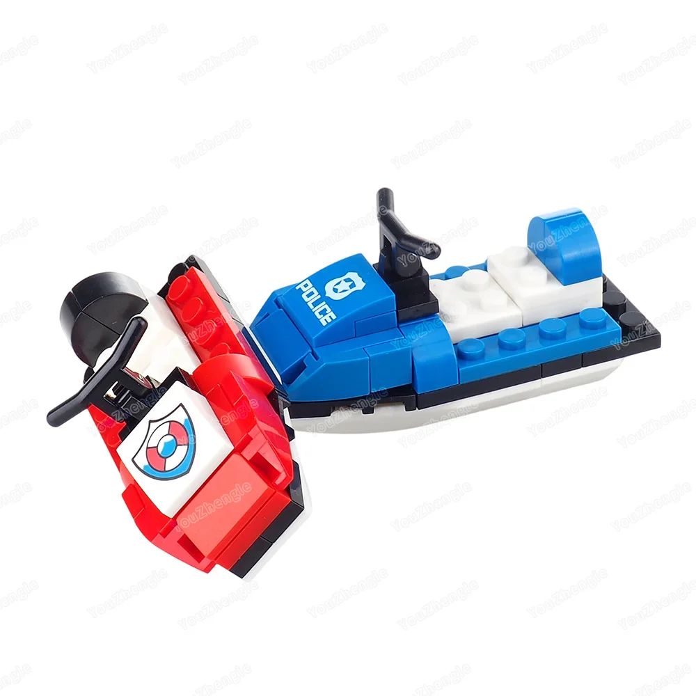 Blocs de construction de bateau à moteur de mer, figurines MOC, patrouille de sauvetage, motomarine, équipement de bateau à moteur rouge et bleu, scènes, modèles cadeaux, jouets pour garçons