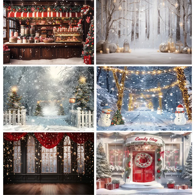 

Christmas Tree With Gift Boxes Photography Backdrops Winter Snow Decorations Wooden Door Fireplace Room Background Props WR-16