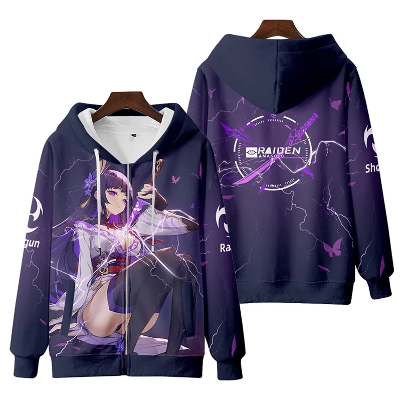 เสื้อกันหนาวมีซิปสำหรับผู้หญิงมีซิปพิมพ์ลาย3D Genshogun baal สำหรับเสื้อฮู้ดกันหนาวผู้ชาย