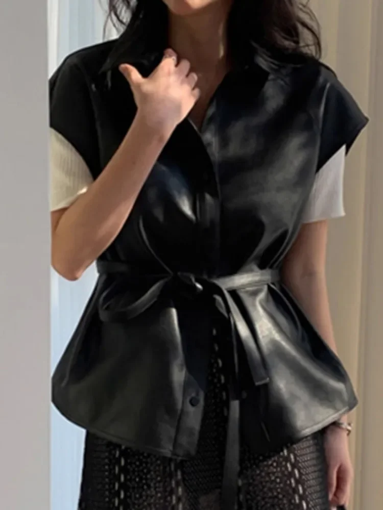 Retro Collar Leather Vest Women'S Autumn And Winter Single Breasted Lace Up Waist Slimming Loose Vest Jacket