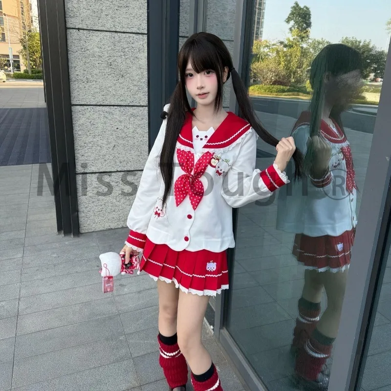 Preppy Japanese New Sailor Collar Women Two Pieces Sets Sweet Style Daily School Streetwear Lolita Cute Bear Bow Skirt JK Suits