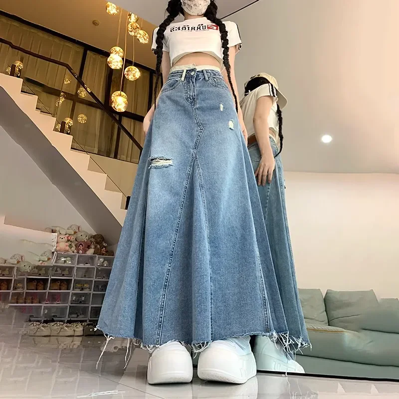 

Vintage Ripped Denim Skirt Women's Spring Summer New High Waist Slimming Medium Long Loose Jeans A- Line Hip Fishtail Skirts