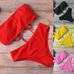 2024 nowe bikini wysokiej talii bez ramiączek seksowne bikini damskie stroje kąpielowe kobiety modny strój kąpielowy wyściełany strój kąpielowy Monokin Pure Color