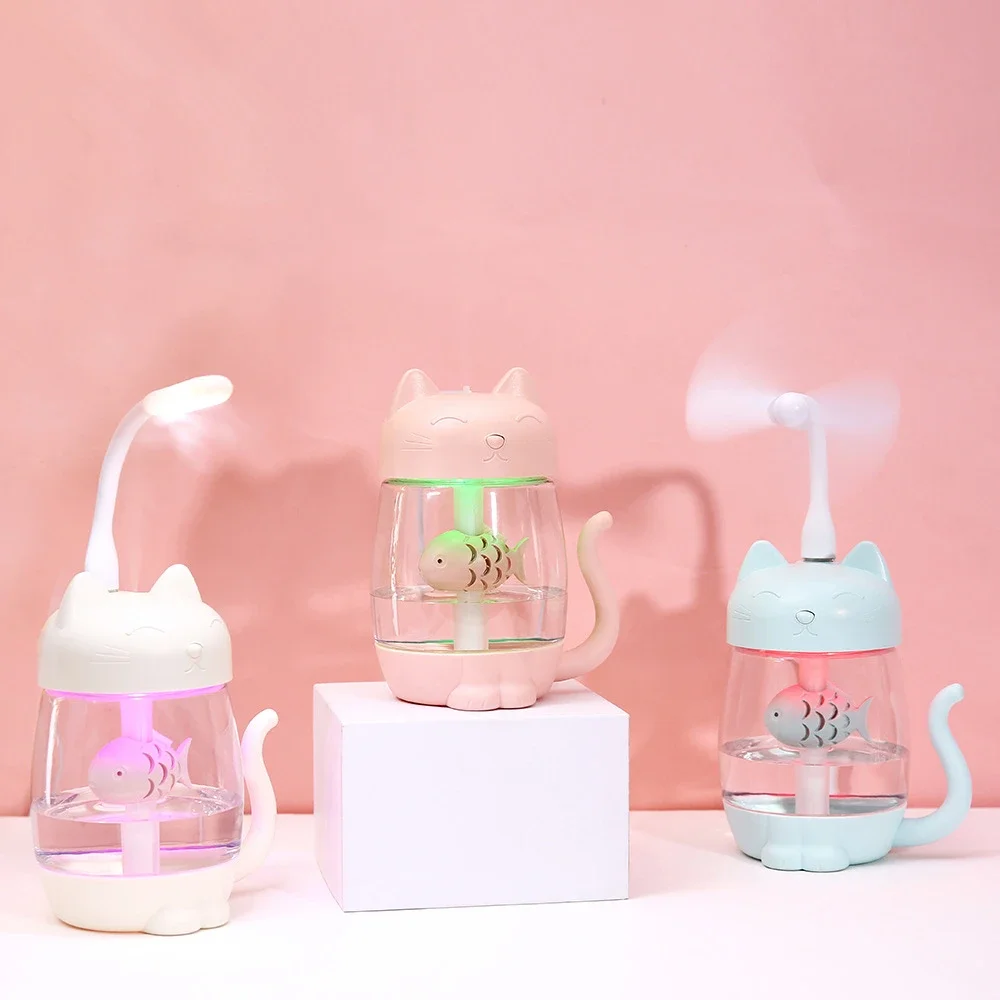 350ML Cat Air Humidifier with Color LED Light - Ultrasonic Adorable Cat Eat Fish USB Aroma Diffuser Essential oil diffuser Smell