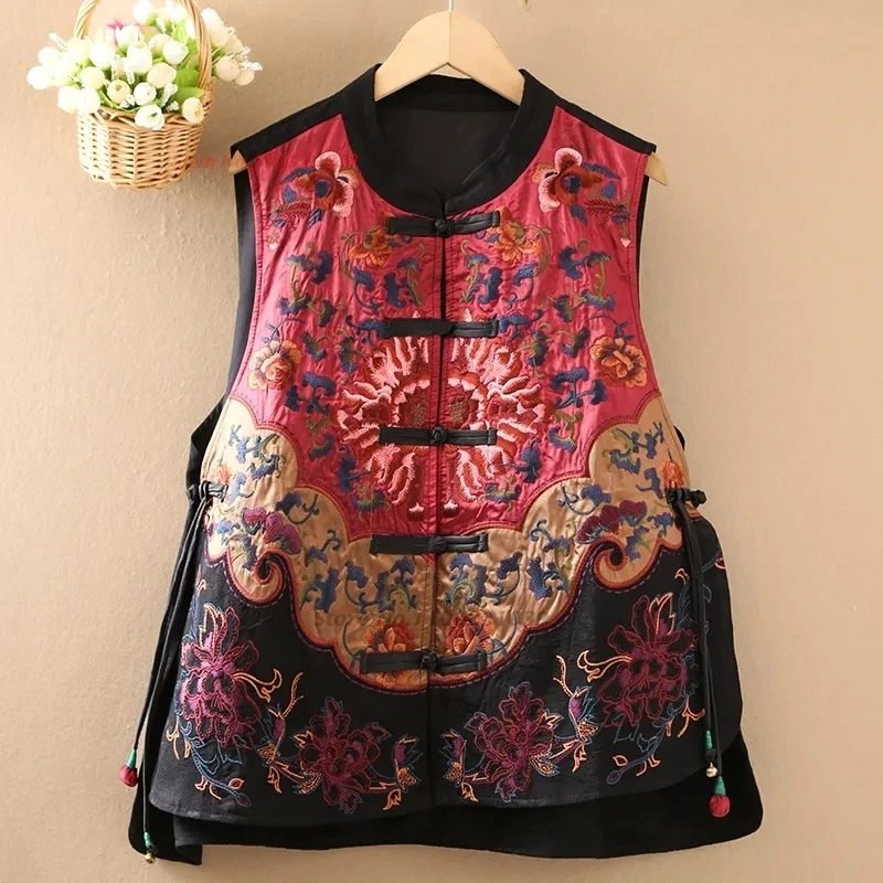 

2025 chinese vintage hanfu tops satin jacquard stand collar folk vest national flower embroidery sleeveless jacket ethnic vest