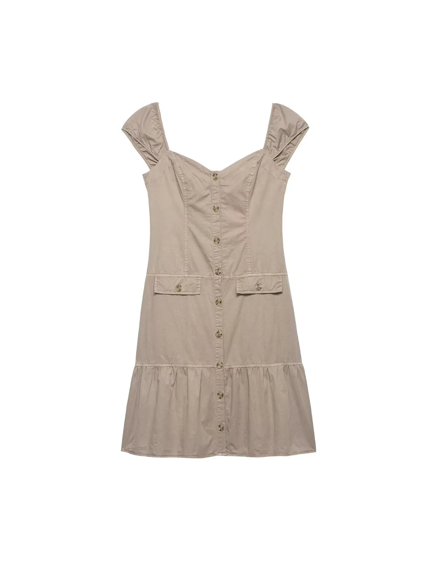 

Withered New Women's Casual Style Flip Pocket Heart-shaped Collar Buckle Embellished Midi Dress