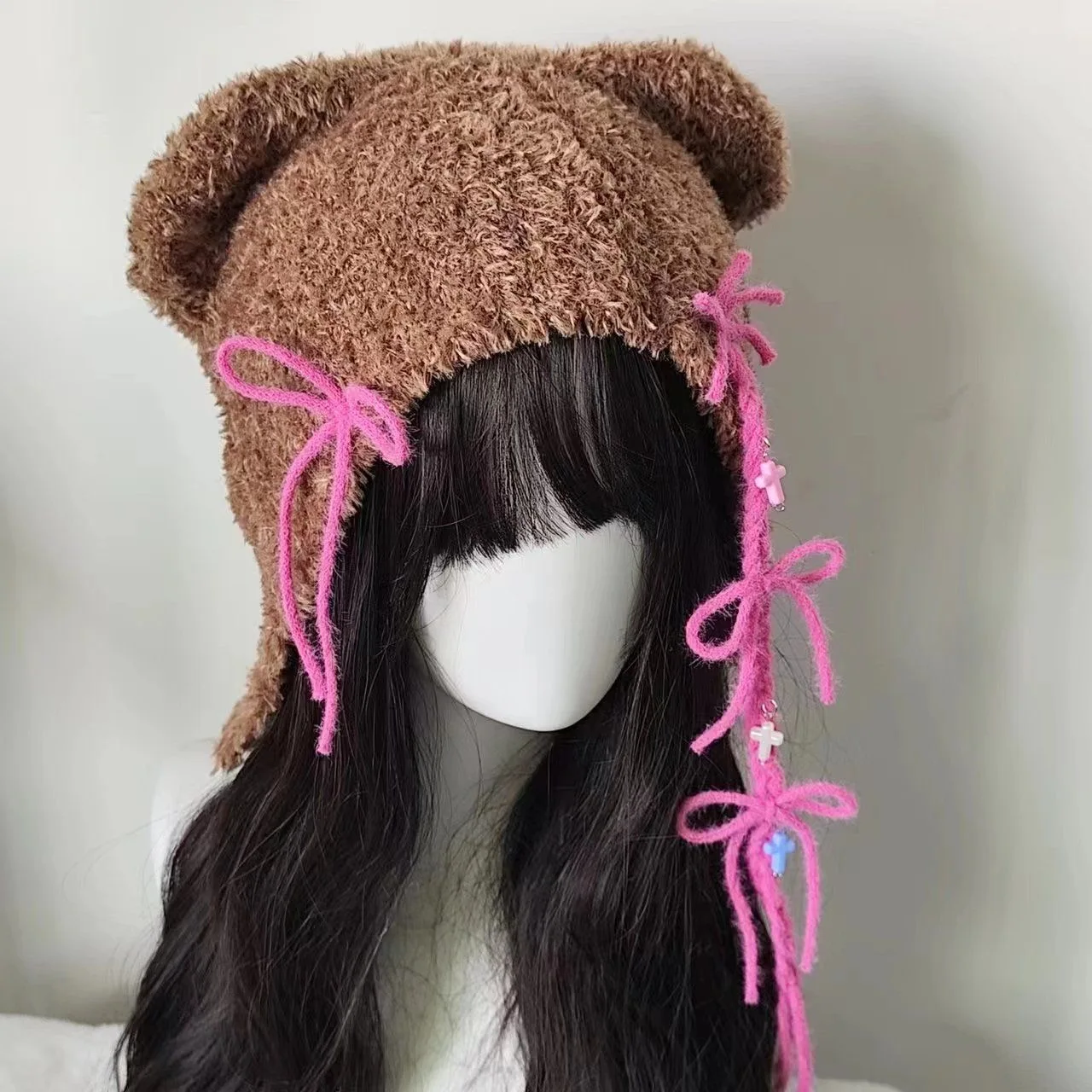 하라주쿠 일본 카와이 곰 귀 니트 모자 여성 소녀 Y2k 펑크 크로스 핑크 리본 서브컬쳐 달콤한 겨울 따뜻한 비니 모자