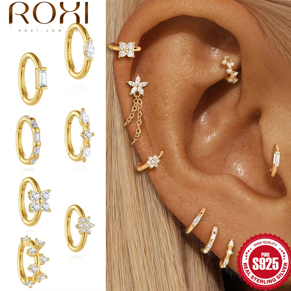 ROXI 1PC Multiple Styles 925 Sterling Silver Gold Plated CZ Huggie Hoop Earrings Women Cartilage Helix Piercing Jewelry