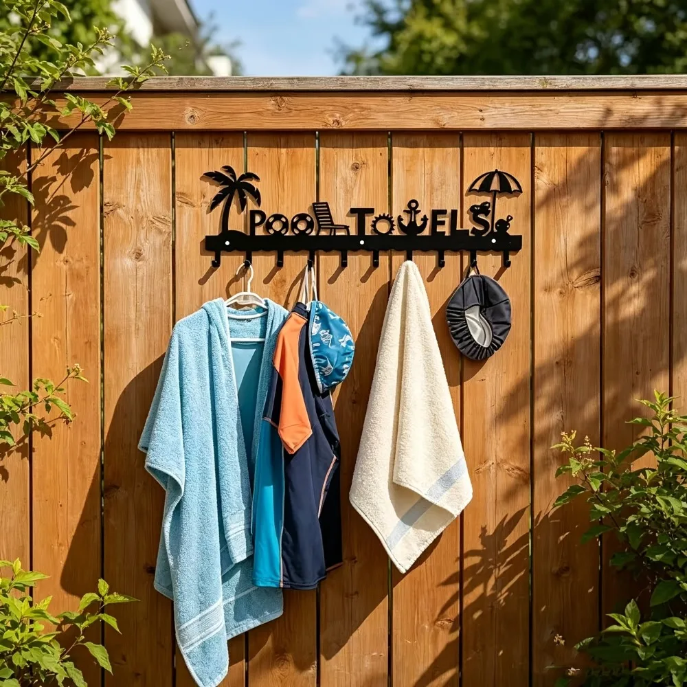 Wrought Iron Wall-Mounted Hook Rack for Poolside (Towels, Swimwear, Swim Caps) – 10-Hook Outdoor Patio Organizer – Ideal for Villa Poolside Decor & Seaside Vacation Style view 7