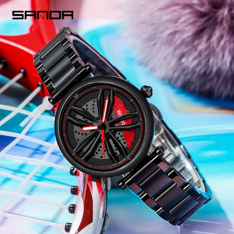 SANDA P1074 Hot Sell Fashion Car Rim Women Wristwatches Wheel Dial Ladies Watches Stainless Steel Waterproof Sport Female Clock