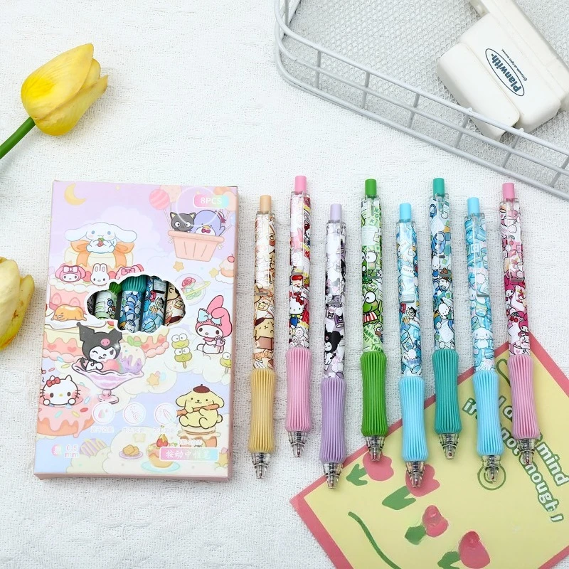 

8Pcs Black Sanrio Family Portrait Gel Pen Cute Cartoon Hello Kitty Push Action Pen Stationery Office School Supplies Gifts