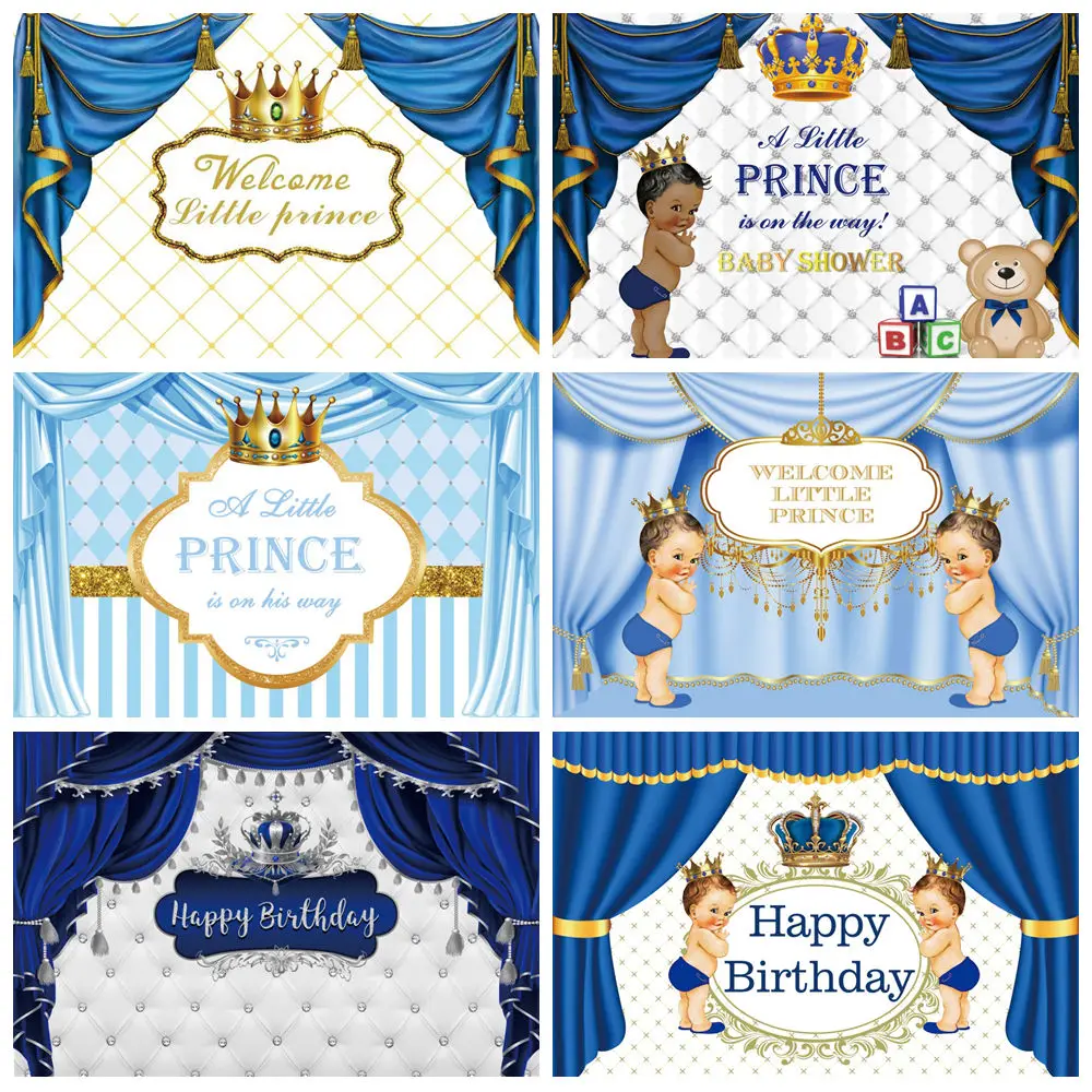 

Little Prince Happy Birthday Party Backgrounds For Photographs Blue Curtain Crown Baby Shower Backdrop Decor Photobooth Banner