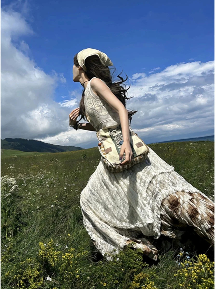 Travel Themed Post Apocalyptic Style Women's Dress Midi Skirt Hollow out Asymmetrical Korean Version Polyester Fabric