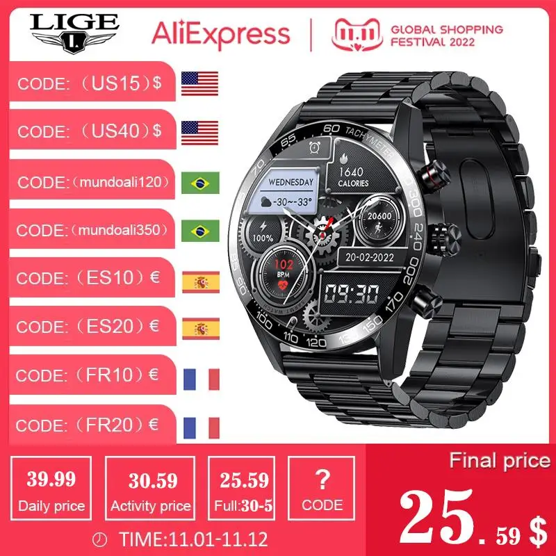 New LIGE Business Smart Calling Watch Musis Player Sports Heart Rate Blood Pressure IP67 Waterproof AMOLED Full Touch Men