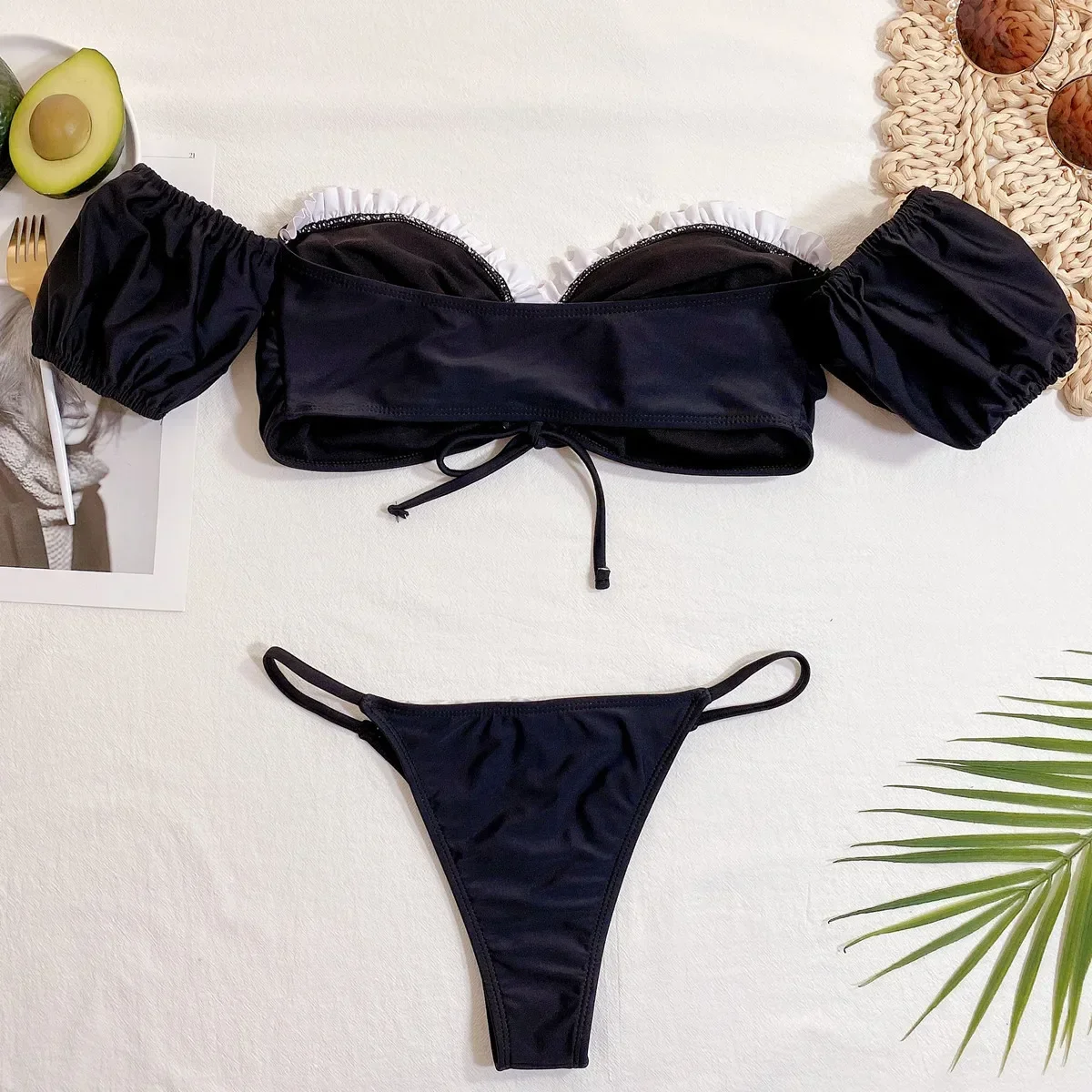 2025 Sexy Bikini Bandeau Damen Bademode Badeanzug Schwarz Kurze Ärmel Weiß Rüschen Geknotete Bikinis Set Badeanzug Strand Bikini