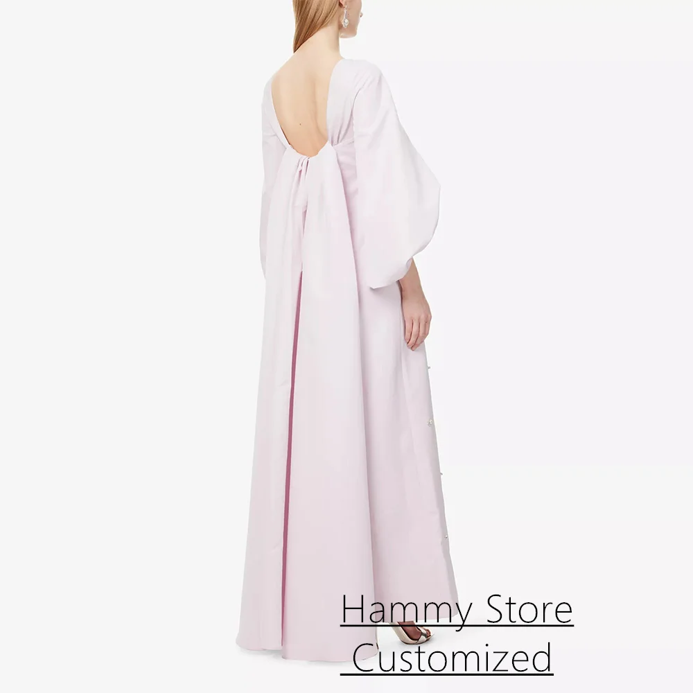 فستان سهرة وردي فاتح مخصص بأكمام منتفخة ورقبة مربعة وأحجار الراين مطرز على شكل حرف A فستان حفلة موسيقية عربي مع كيب #2