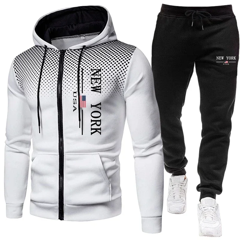 Men's Jacket Tracksuit Casual Zip Hooded Sweatshirts Dot Coat Outdoors Sports Clothing Autumn Winter Quality Single Tops Pants - view 2