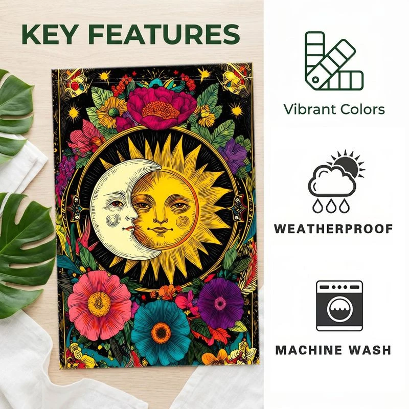 1pc Boho Celestial Sun and Moon Garden Flag Vibrant Floral Outdoor Yard Decor Weatherproof and Machine Washable