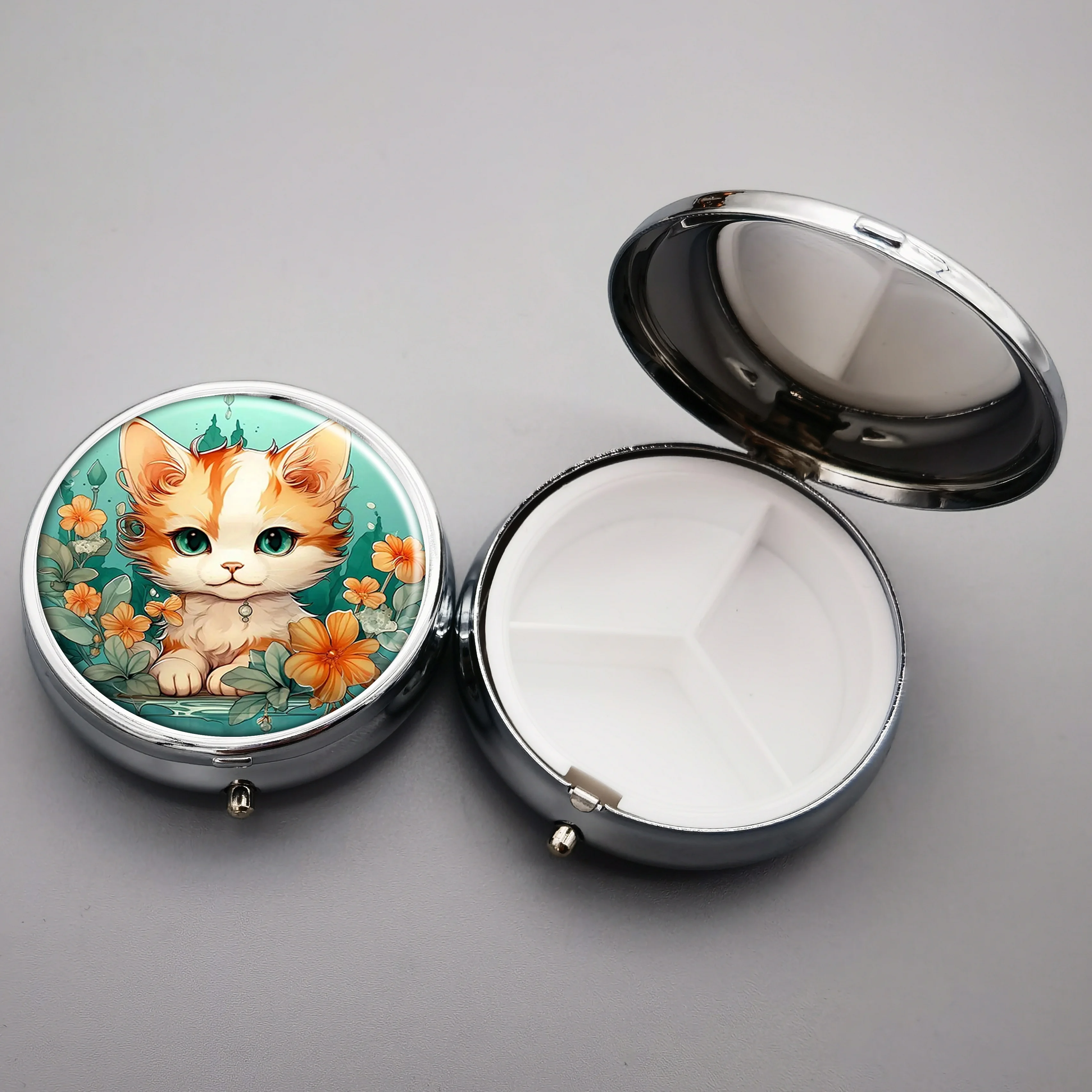 Cute Cat Pill Organizer - 3 Grid Portable Drug Vitamin Box,Decorative Metal Pocket Wallet Pill Holder,Unique Gift Ideas