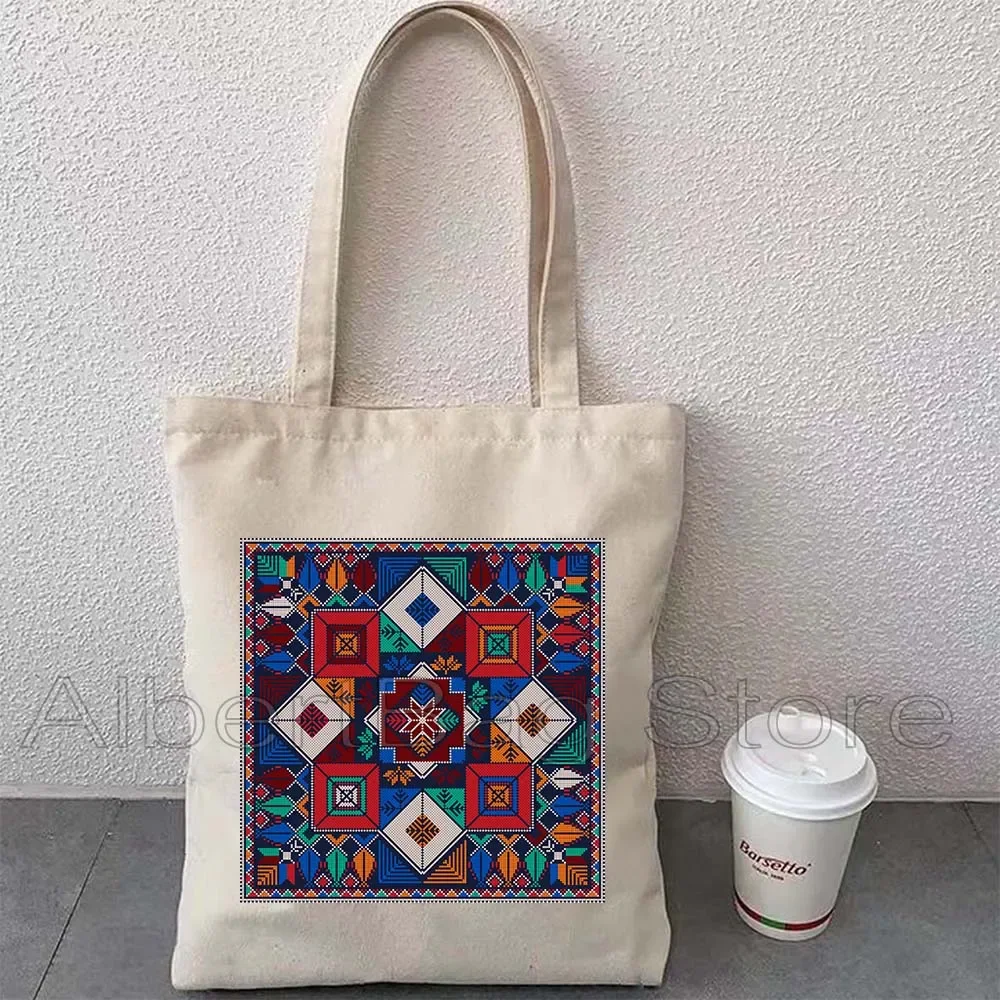 Floral Cute Watermelon Art Gifts Love Peace Embroidery Tatreez Colorful Olive Funny Arabic Words Canvas Tote Bag Shopper Handbag