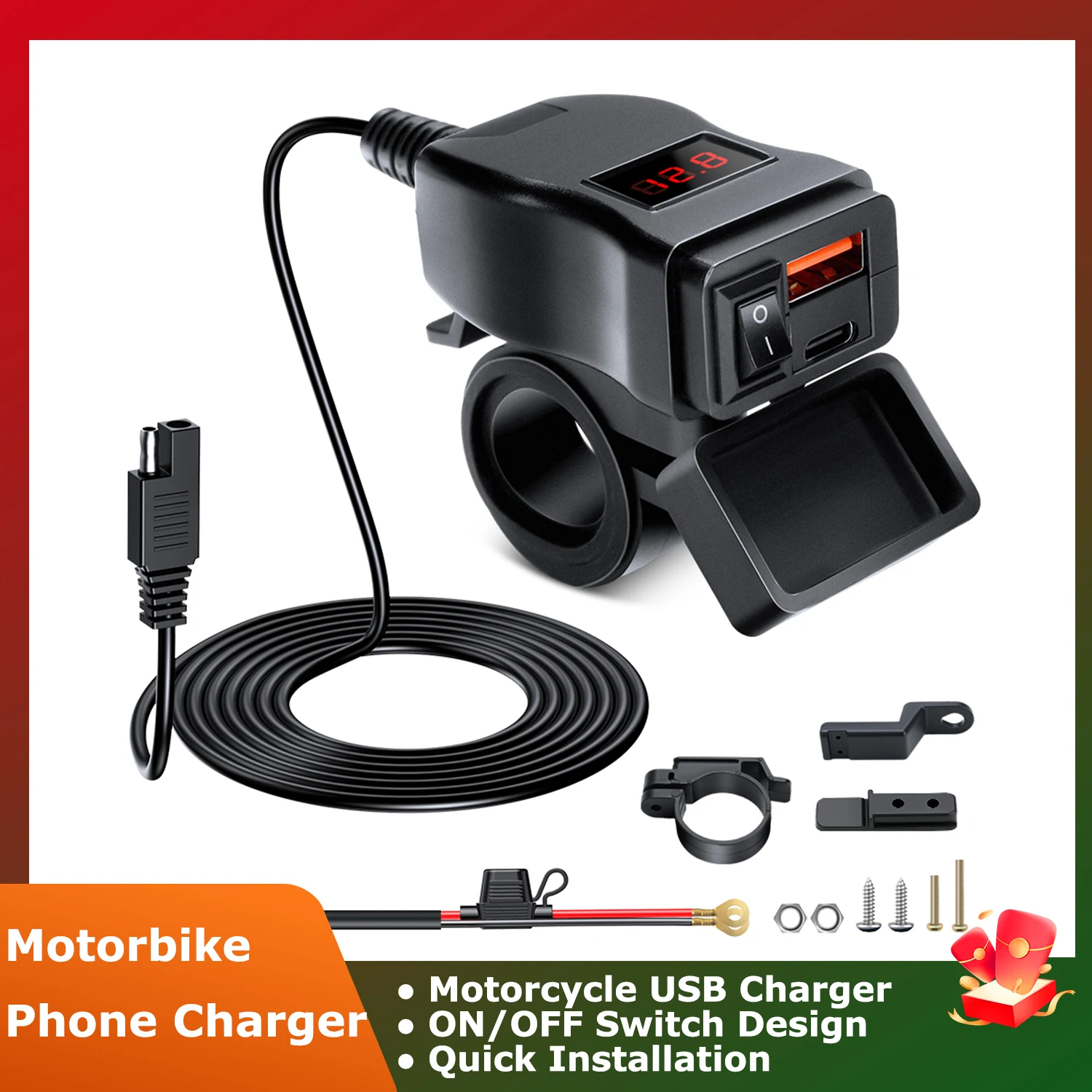 

Motorbike Phone Charger Digital Display Dual Socket QC3.0 Type C Fast Charging Charger with Voltmeter&ON/Off Switch