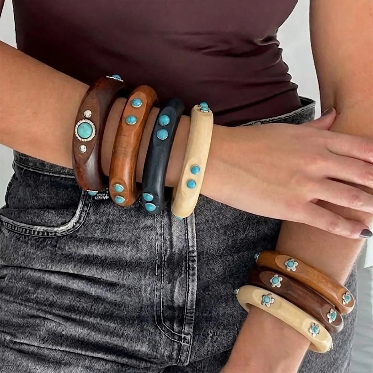 Bangle Wood Texture Turquoise Inlay Floral Geometric Western Resort Style Sturdy Versatile Premium Jewelry for Women