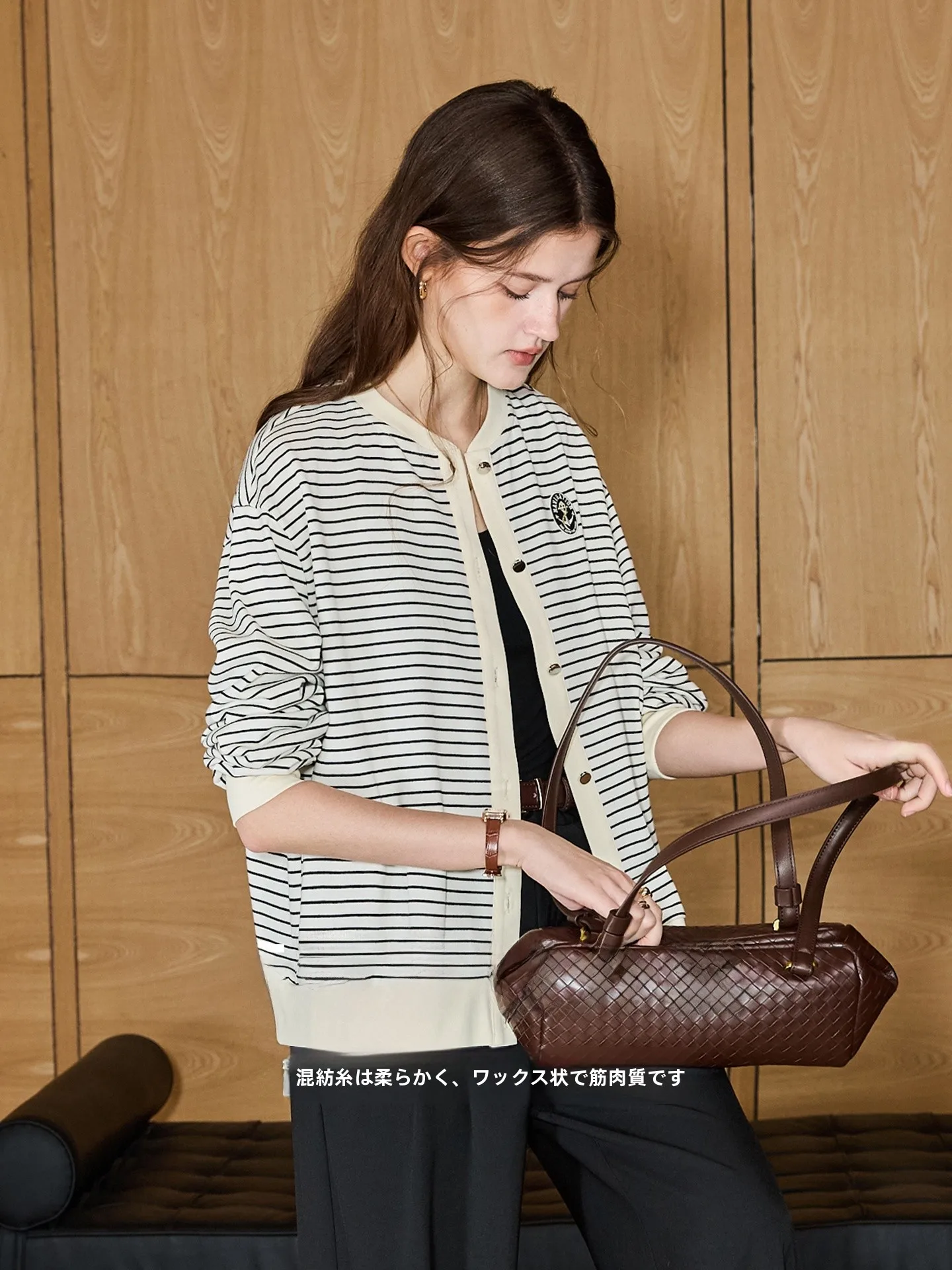 

KUHNMARVIN Classic Striped Women's Jaet Spring 2026 Versatile Retro Hong Kong Sle Knitted Cotton Polyester Blend