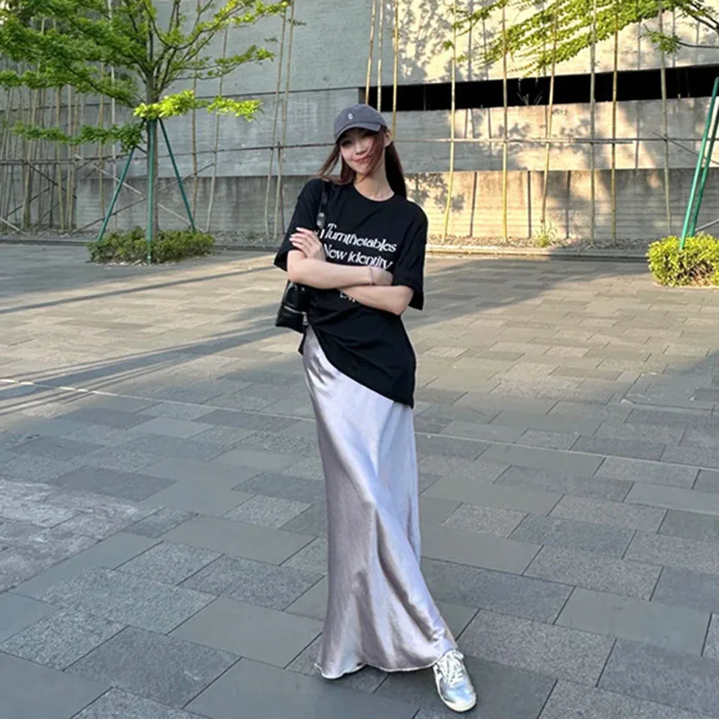 Falda larga de satén de verano 2025 para mujer, elegante falda de cola de pez lisa con cintura elástica para oficina, faldas largas acampanadas coreanas Chic