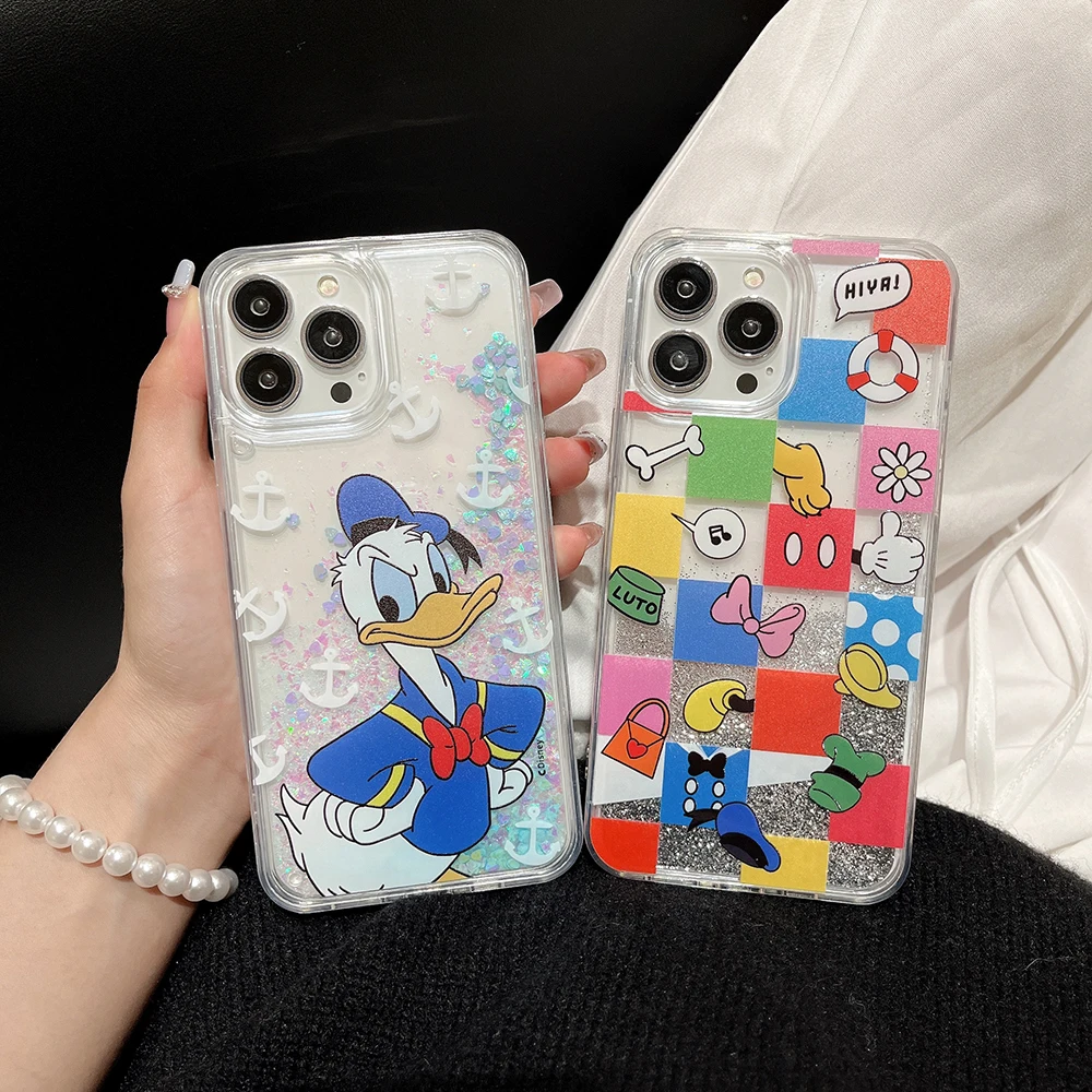 Cartoon Disneys Mickey Donald Duck Luxury Quicksand Phone Case for IPhone 15 14 13 12 11 Pro Max Drop-resistant Clear Back Cover