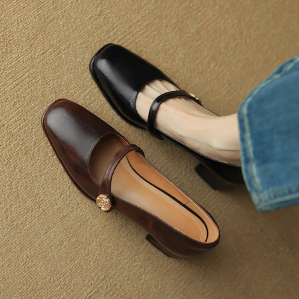 Women Shoes High Heels Vintage Mary Jane Shoes Spring Black Brown Leather Shoes Leather Leather Heels Square Toe Buckle Strap