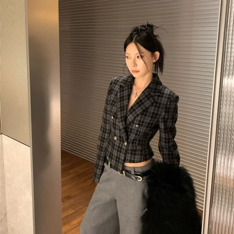 سترة نسائية قصيرة منقوشة من التويد - سترة صوف بأكمام طويلة على الطراز الفرنسي للخريف، تصميم ضيق للتخسيس