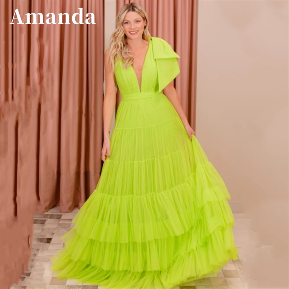 

Amanda Fluorescent Green Prom Dress Elegant One Shoulder فساتين السهرة Sexy V-neck Multilayer Vestidos De Noche