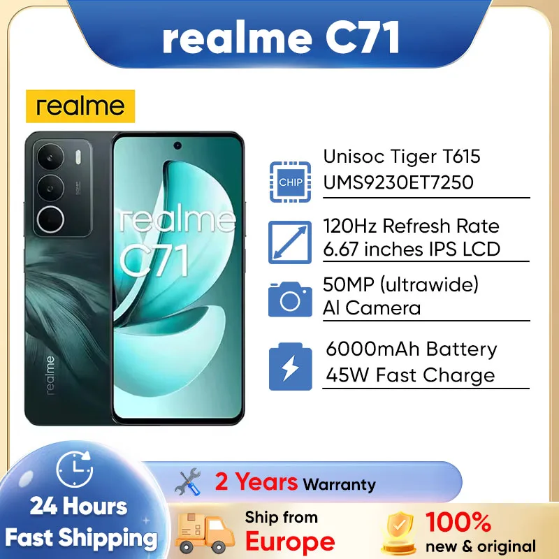 هاتف ذكي Realme C71 بشاشة 120 هرتز وبطارية 6000 مللي أمبير في الساعة بقدرة 45 وات SUPER WOOC شحن كاميرا 50 ميجا باسكال IP64 محرك عالي السرعة 8 + 256 جيجابايت NFC