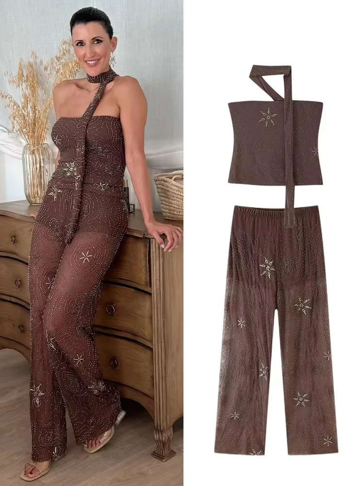 

HH Women's New Fashion Beaded Pant Suit Sexy Thin Scarf Sleeveless Top+Beaded Decoration Party Casual Slim Long Trousers Set