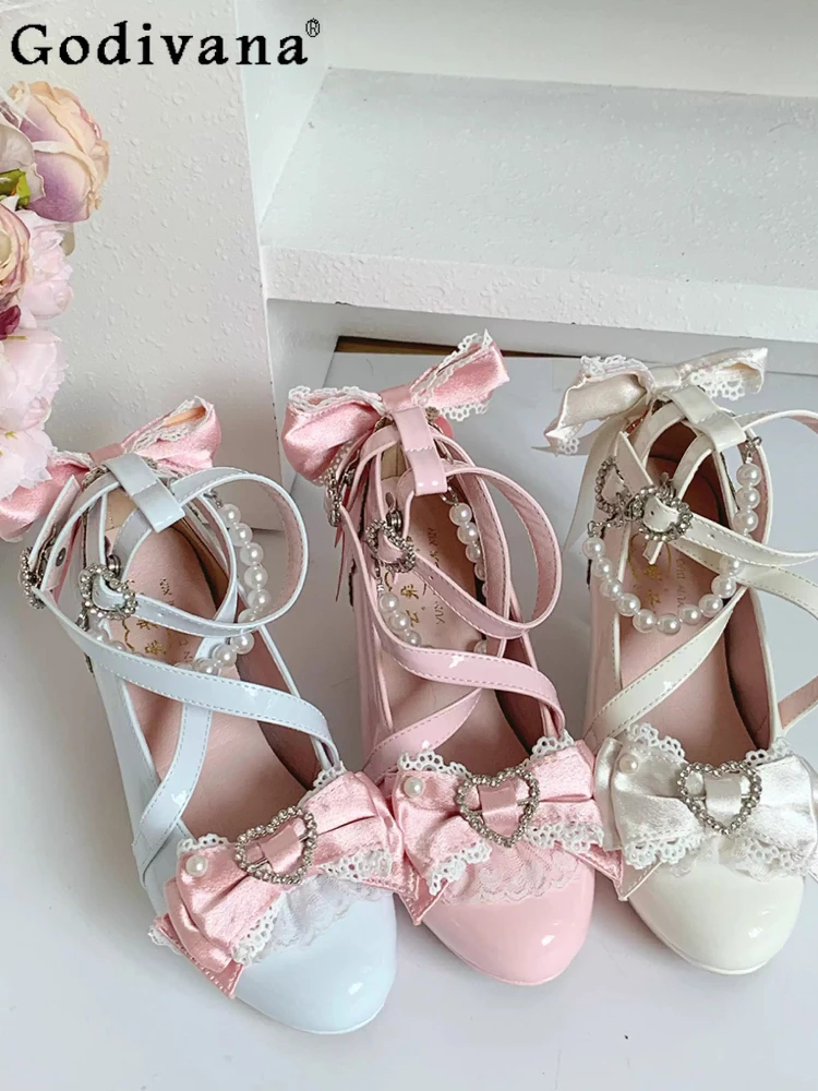 

Retro Japanese Girl Thick Heels Waterproof Table High Heels Ancient Feelings Sweet Bow Pearl Cross Strap Lolita Single Shoes