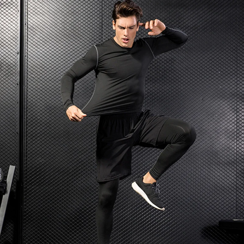 الرجال السراويل السوداء وهمية قطعتين الصبي اللياقة البدنية الرياضة طماق تشغيل الدراجات التدريب السراويل الطويلة عادية سريعة الجافة S M L XL 2XL