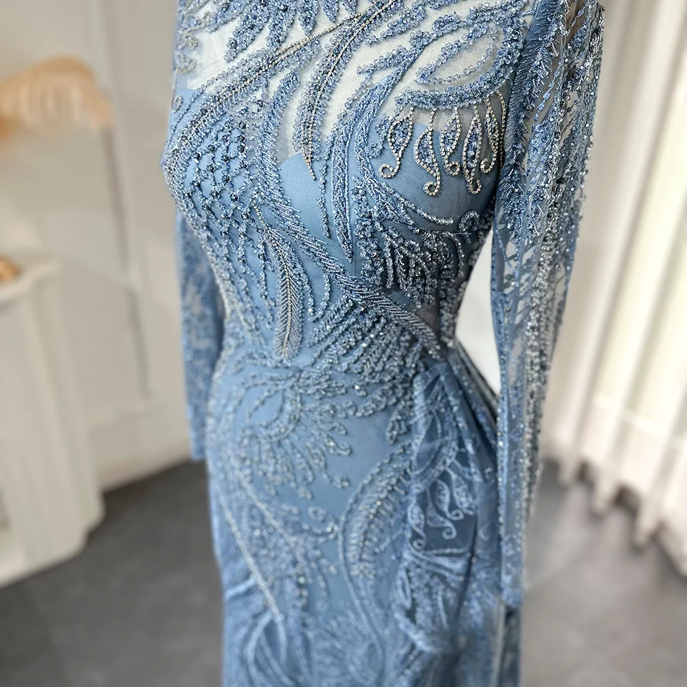 Sharon Said Luxuriöses Blaues Abendkleid mit Boot-Ausschnitt, Langen Ärmeln, Meerjungfrauen-Schnitt, Bodenlang, für Formelle Anlässe und Partys, SS141, Maßanfertigung – Detail 6