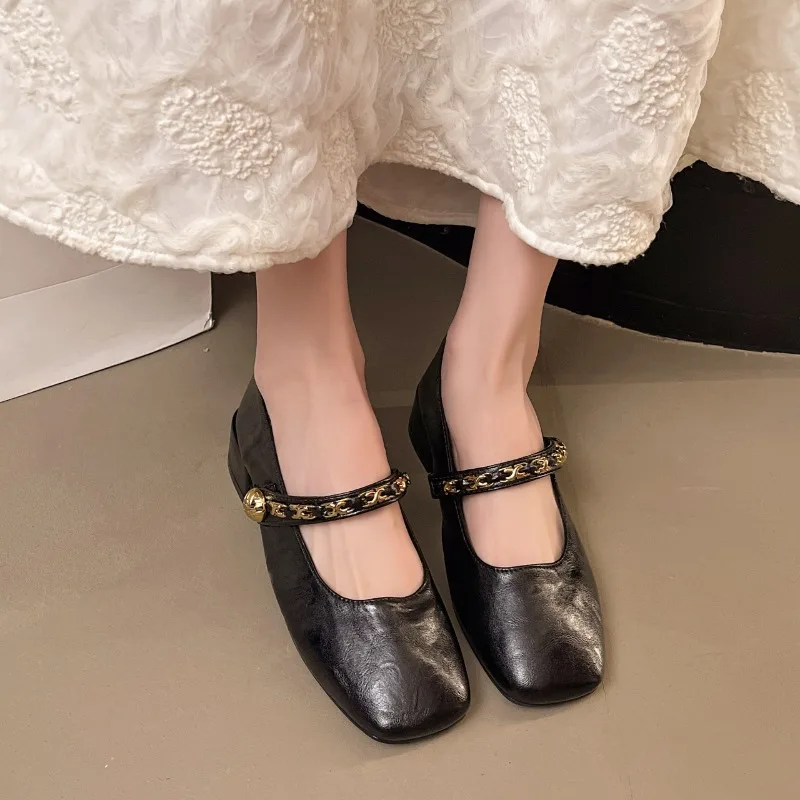 حذاء فردي بكعب منخفض للنساء، موضة الصيف الجديدة بإبزيم ذهبي ومقدمة مربعة، حذاء مريح بكعب عالٍ #3