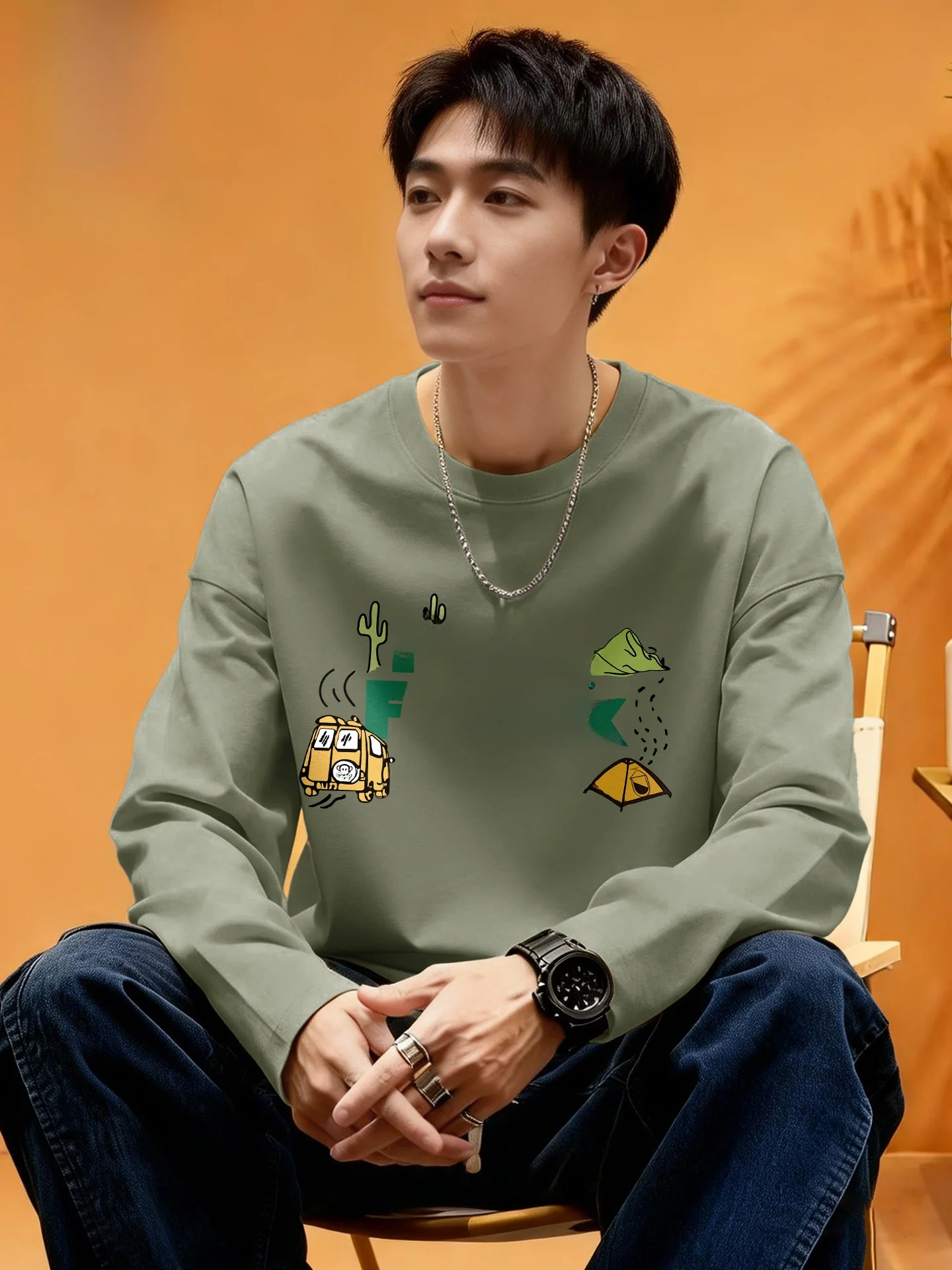 

Мужская модная футболка с длинным рукавом, с буквенным принтом, свободного кроя, из дышащего хлопка, с круглым вырезом, для весны и осени.